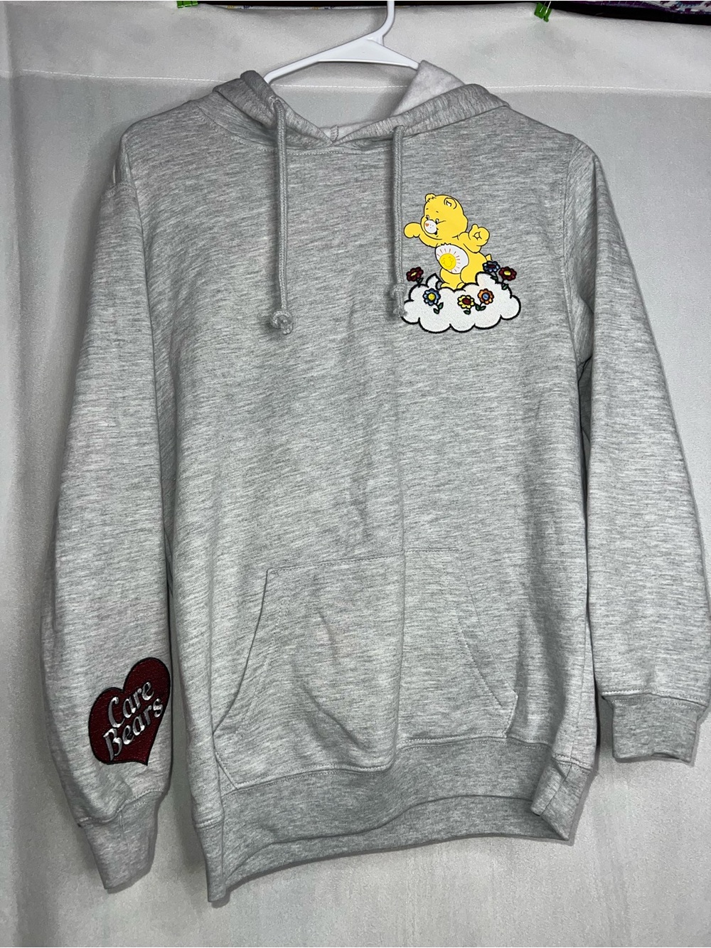 XXS Care Bears Light Gray Hoodie with Embroidery and Yellow Bear Patch PTP 19.5”